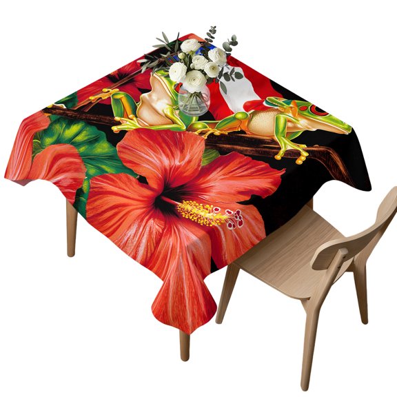 Square Tablecloth, Country Red Flowers Frog Waterproof Table Cloth 60x60 in Puerto Rico Flag Washable Spillproof Table Cover for Kitchen Dining Party Decor Outdoor Camping
