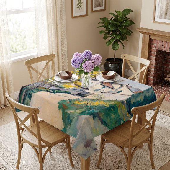 Square Tablecloth,Country Road Mediterranean Villas Waterproof Oil-Proof Table Cloth Kitchen Dining Tables Cover for Indoor Outdoor Wedding Holiday Party Decor,Cypress Trees