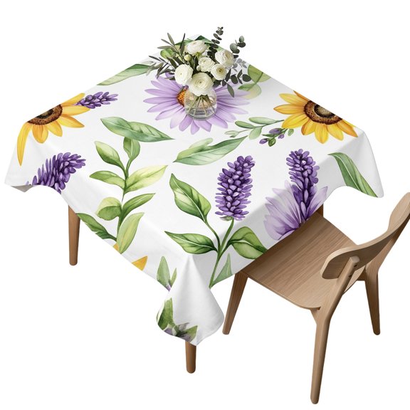 Square Tablecloth, Country Sunflower Lavender Floral Waterproof Table Cloth 60x60 in Green Leaves Watercolor Washable Spillproof Table Cover for Kitchen Dining Party Decor Outdoor Camping