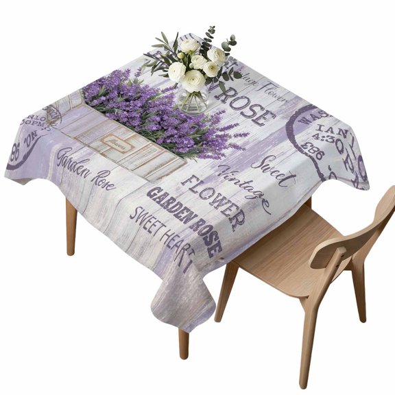 Square Tablecloth, Country Vintage Flowerpot and Purple Lavender Waterproof Table Cloth 60x60 in Farm Wood Board Washable Spillproof Table Cover for Kitchen Dining Party Decor Outdoor Camping
