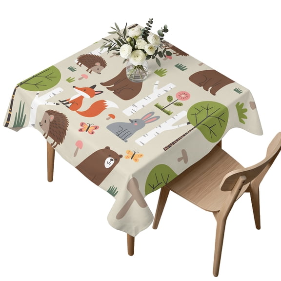 Square Tablecloth, Cute Bear Hedgehog Fox Waterproof Table Cloth 60x60 in Cartoon Tree Wild Flower Washable Spillproof Table Cover for Kitchen Dining Party Decor Outdoor Camping