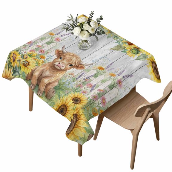 Square Tablecloth, Cute Highland Calf Waterproof Table Cloth 60x60 in Blooming Garden Sunflowers Lavender Washable Spillproof Table Cover for Kitchen Dining Party Decor Outdoor Camping