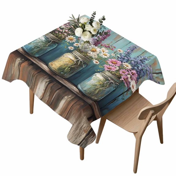 Square Tablecloth, Daisy Lavender Flowers Waterproof Table Cloth 60x60 in Blue Retro Wood Background Washable Spillproof Table Cover for Kitchen Dining Party Decor Outdoor Camping