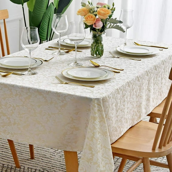 Square Tablecloth Damask Design Spillproof Wrinkle Free Heavy Weight Soft Table Cloth Decorative Fabric Table Cover for Outdoor and Indoor Use Square 70 x 70 Inch Beige with White