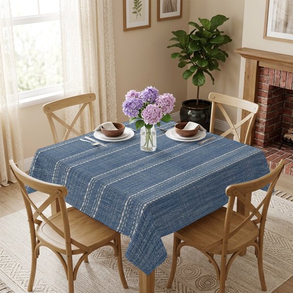 Square Tablecloth,Denim Blue and White Striped Waterproof Oil-Proof Table Cloth Kitchen Dining Tables Cover for Indoor Outdoor Wedding Holiday Party Decor,Modern Minimalist Lines