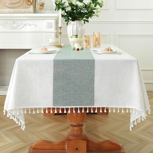 Square Tablecloth for Dining Table Rustic Farmhouse Kitchen Tables Cloth Coffee Table Cover, Cotton Linen Fabric Small Rectangle Tablecloths,Green Stripe, 55x55 Inch