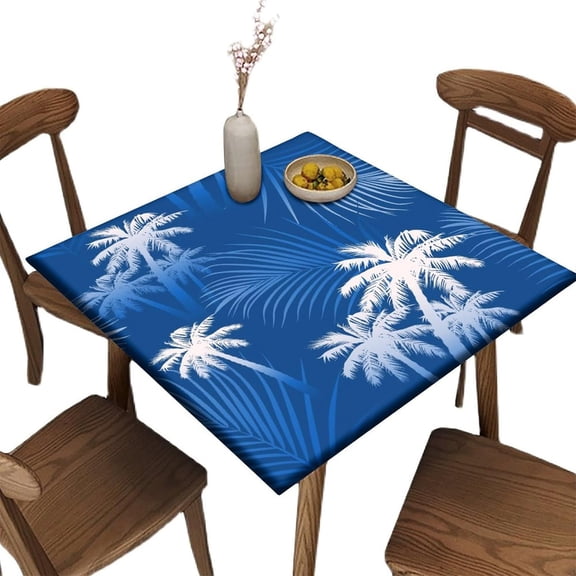 Square Tablecloth with Elastic Edge, Tropical Summer Palm Trees Seamless Pattern, Waterproof Wipeable Square Table Cover, for Banquet Buffet kitchen Dining and Party, Fit for 36" x 36"square table