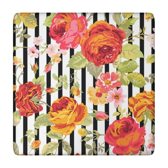 Square Tablecloth with Elastic Edges 34 * 34 Inch Pioneer Waterproof Black Stripe Background Red Roses Table Cover Washable Indoor and Outdoor for Party Kitchen Dinner Banquet Patio Picnic
