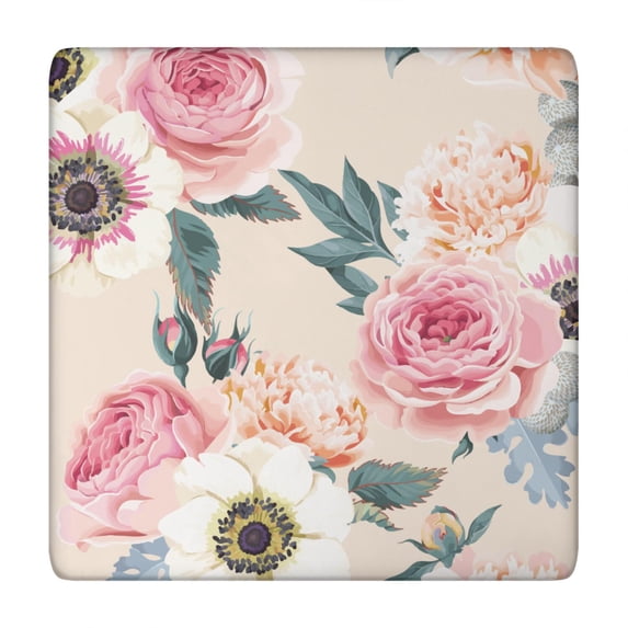 Square Tablecloth with Elastic Edges 34 * 34 Inch Pioneer Waterproof Pink Wild Fresh Peony Flowers Table Cover Washable Indoor and Outdoor for Party Kitchen Dinner Banquet Patio Picnic