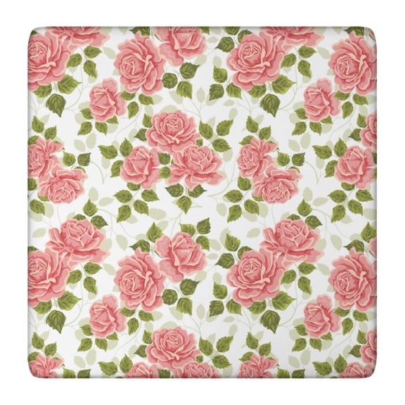Square Tablecloth with Elastic Edges 36 * 36 Inch Pioneer Waterproof Pink Rose with Green Leaf Table Cover Washable Indoor and Outdoor for Party Kitchen Dinner Banquet Patio Picnic