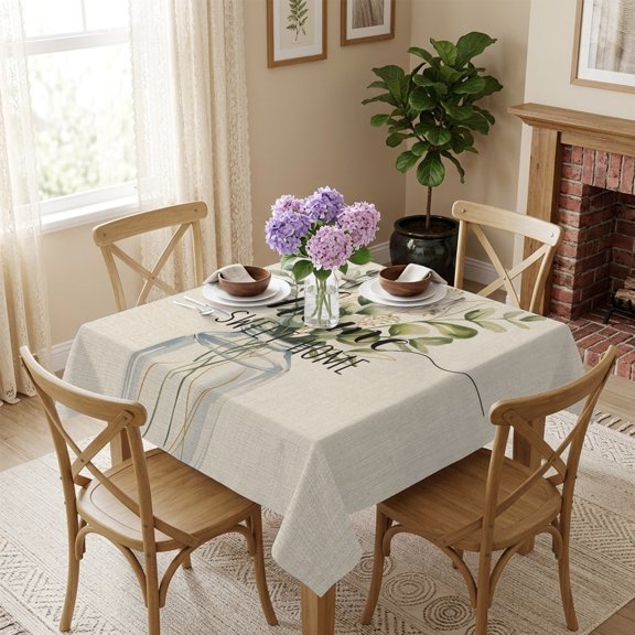 Square Tablecloth,Eucalyptus Leaves and Home Quote Waterproof Oil-Proof Table Cloth Kitchen Dining Tables Cover for Indoor Outdoor Wedding Holiday Party Decor,Botanical Branch on Burlap Cotton