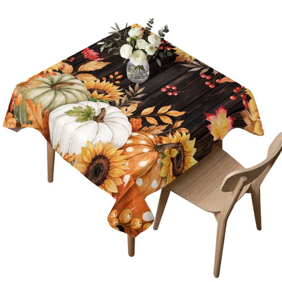 Square Tablecloth, Fall Maple Leaf Sunflower Berry Waterproof Table Cloth 60x60 in Thanksgiving Pumpkin Wood Board Washable Spillproof Table Cover for Kitchen Dining Party Decor Outdoor Camping