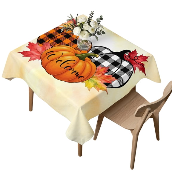 Square Tablecloth, Fall Thanksgiving Pumpkin Maple Leaf Waterproof Table Cloth 60x60 in Farmhouse Botanical Washable Spillproof Table Cover for Kitchen Dining Party Decor Outdoor Camping