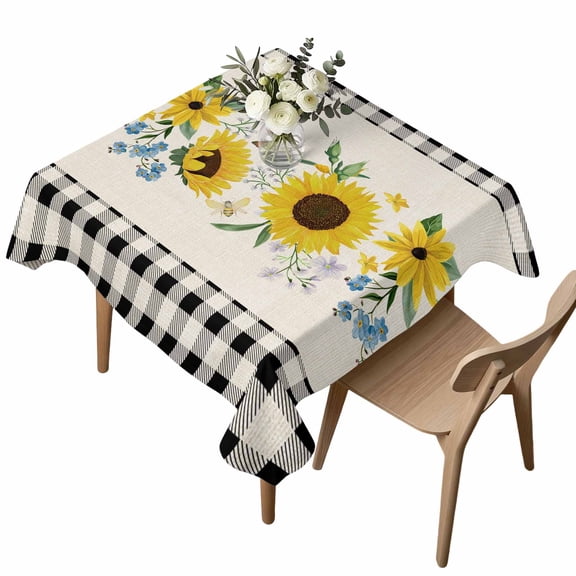 Square Tablecloth, Farm Sunflower Black Check Retro Linen Waterproof Table Cloth 60x60 in Watercolor Yellow Flower Washable Spillproof Table Cover for Kitchen Dining Party Decor Outdoor Camping