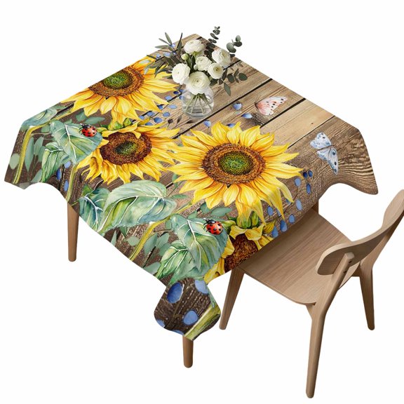 Square Tablecloth, Farm Sunflower Butterfly Ladybug Waterproof Table Cloth 54x54 in Floral on Wood Board Washable Spillproof Table Cover for Kitchen Dining Party Decor Outdoor Camping