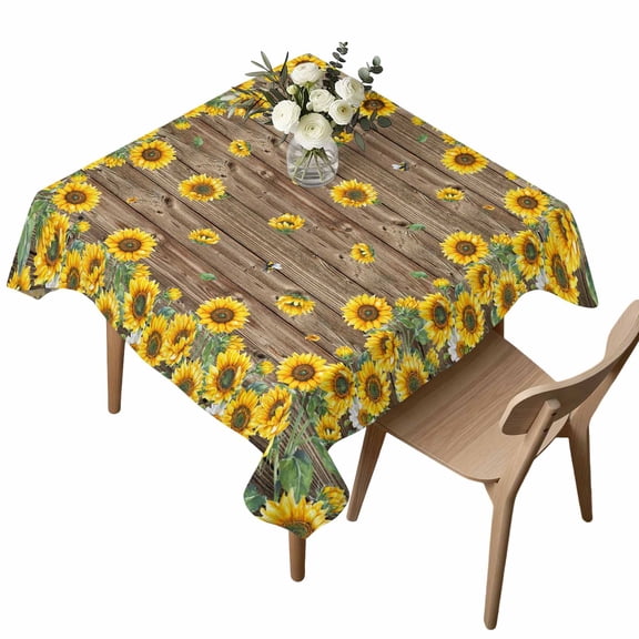 Square Tablecloth, Farm Sunflowers Bee on Vintage Wood Board Waterproof Table Cloth 60x60 in Brown Yellow Washable Spillproof Table Cover for Kitchen Dining Party Decor Outdoor Camping