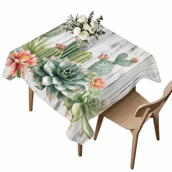 Square Tablecloth, Farmhouse Botanical Potted Cacti Waterproof Table Cloth 54x54 in Retro Wood Background Washable Spillproof Table Cover for Kitchen Dining Party Decor Outdoor Camping