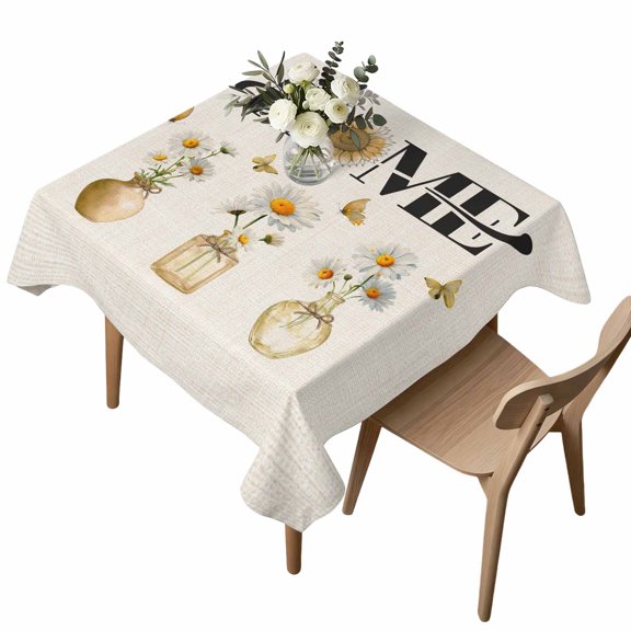 Square Tablecloth, Farmhouse Daisy Flower Leaf Butterfly Waterproof Table Cloth 60x60 in Rustic Home Linen Texture Washable Spillproof Table Cover for Kitchen Dining Party Decor Outdoor Camping