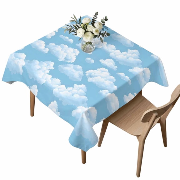 Square Tablecloth, Fluffy White Clouds Waterproof Table Cloth 60x60 in Symmetrical Blue Sky Pattern Washable Spillproof Table Cover for Kitchen Dining Party Decor Outdoor Camping