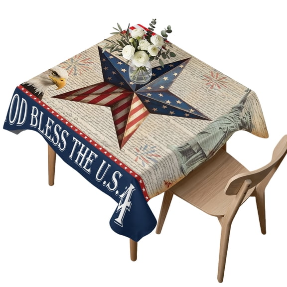 Square Tablecloth, God Bless The USA Waterproof Table Cloth 60x60 in American Flag Star Eagle Washable Spillproof Table Cover for Kitchen Dining Party Decor Outdoor Camping