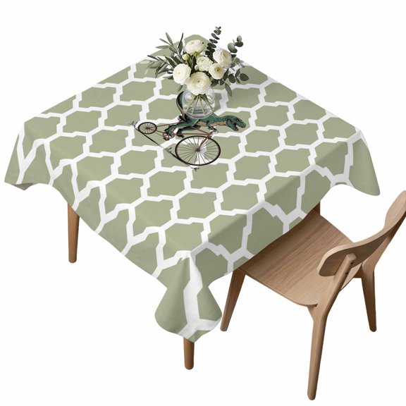 Square Tablecloth, Green Dinosaur Bicycle Waterproof Table Cloth 60x60 in Abstract Green Geometric Pattern Washable Spillproof Table Cover for Kitchen Dining Party Decor Outdoor Camping