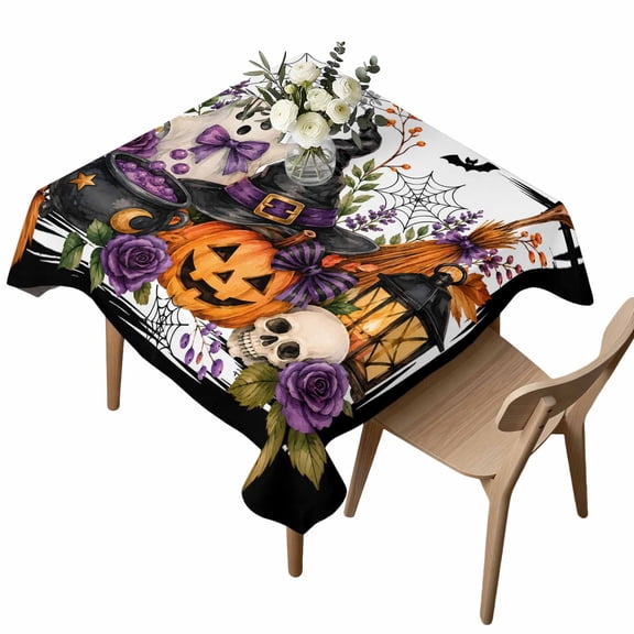 Square Tablecloth, Halloween Night Pumpkin Ghost Waterproof Table Cloth 60x60 in Witch Hat Skull Sipderweb Washable Spillproof Table Cover for Kitchen Dining Party Decor Outdoor Camping