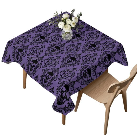 Square Tablecloth, Halloween Skull Damask Flower Waterproof Table Cloth 60x60 in Scary Skeleton Purple Washable Spillproof Table Cover for Kitchen Dining Party Decor Outdoor Camping