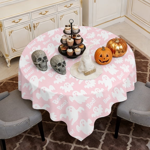 Square Tablecloth,Halloween White Ghost on Pink Waterproof Oil-Proof Table Cloth Kitchen Dining Tables Cover for Indoor Outdoor Wedding Holiday Party Decor,Horror Boo Text