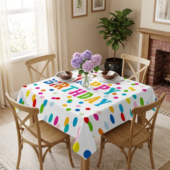 Square Tablecloth,Happy Birthday Rainbow Theme Waterproof Oil-Proof Table Cloth Kitchen Dining Tables Cover for Indoor Outdoor Wedding Holiday Party Decor,Colorful Polka Dot