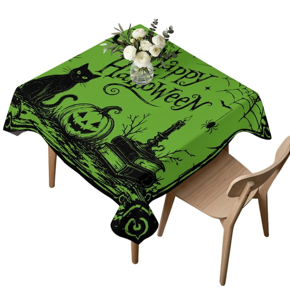Square Tablecloth, Happy Halloween Black Cat Pumpkin Waterproof Table Cloth 54x54 in Green Background Washable Spillproof Table Cover for Kitchen Dining Party Decor Outdoor Camping
