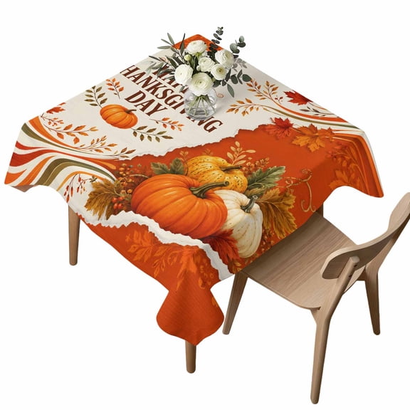 Square Tablecloth, Happy Thanksgiving Day Pumpkins Waterproof Table Cloth 60x60 in Autumn Maple Leaves Washable Spillproof Table Cover for Kitchen Dining Party Decor Outdoor Camping