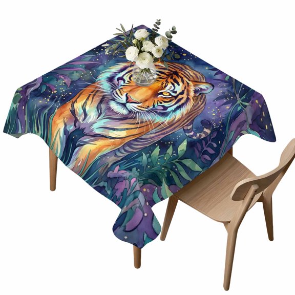 Square Tablecloth, Jungle Animals Tiger Waterproof Table Cloth 60x60 in Watercolor Tropical Leaves Washable Spillproof Table Cover for Kitchen Dining Party Decor Outdoor Camping