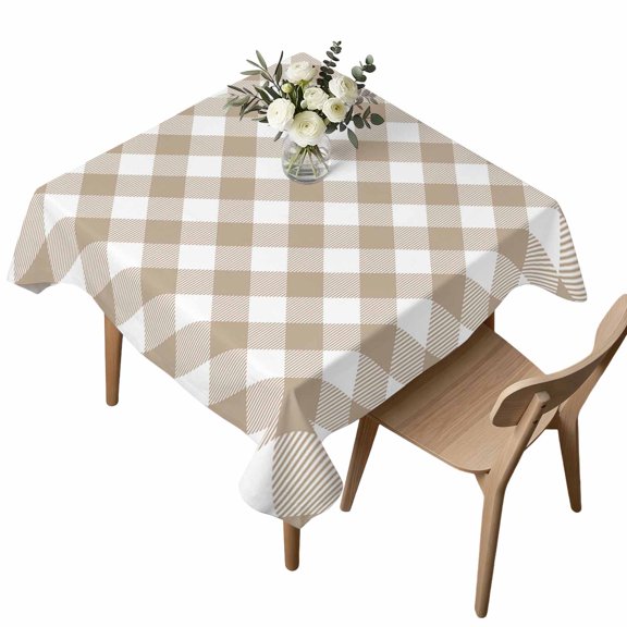 Square Tablecloth, Khaki and White Lattice Waterproof Table Cloth 60x60 in Geometric Farmhouse Washable Spillproof Table Cover for Kitchen Dining Party Decor Outdoor Camping