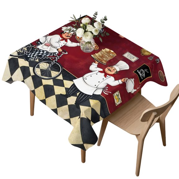 Square Tablecloth, Kitchen Italian Chef Waterproof Table Cloth 54x54 in Farmhouse Pizza Black White Check Washable Spillproof Table Cover for Kitchen Dining Party Decor Outdoor Camping