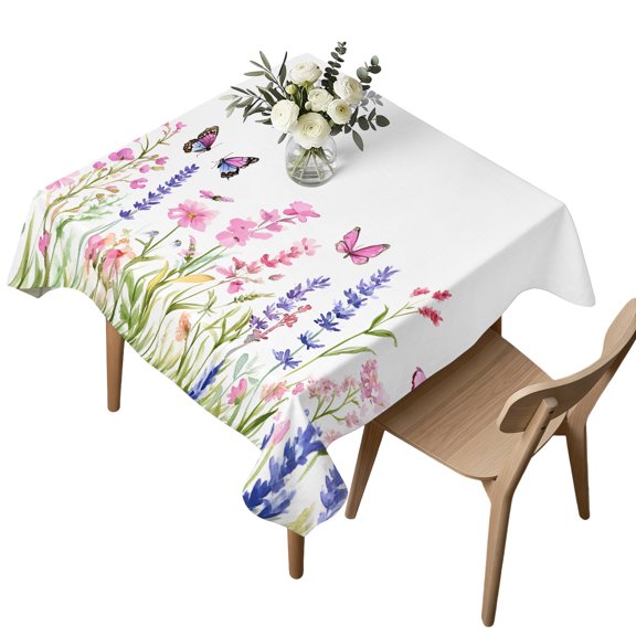 Square Tablecloth, Lavender Pink Flower Butterfly Waterproof Table Cloth 60x60 in Country Floral on White Washable Spillproof Table Cover for Kitchen Dining Party Decor Outdoor Camping