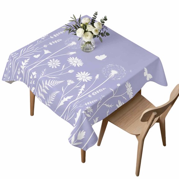 Square Tablecloth, Lavender Purple Pastoral Floral Waterproof Table Cloth 54x54 in Blossom Flower Fern Washable Spillproof Table Cover for Kitchen Dining Party Decor Outdoor Camping