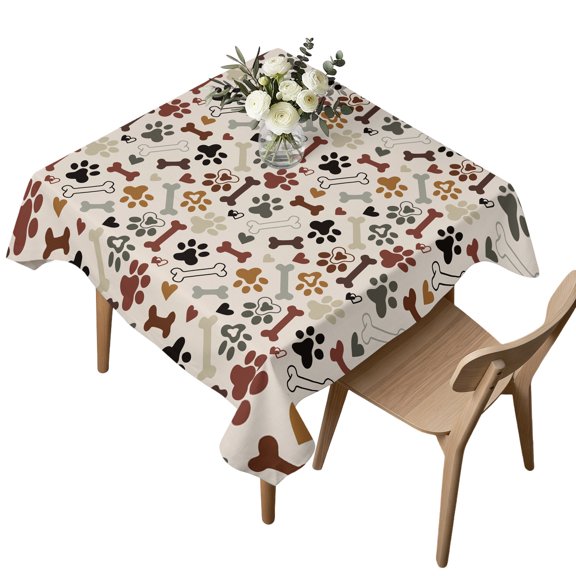Square Tablecloth, Love Bone Dog Paw Print Waterproof Table Cloth 54x54 in Animal Footprints Seamless Washable Spillproof Table Cover for Kitchen Dining Party Decor Outdoor Camping