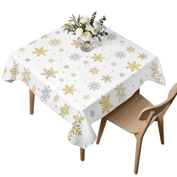 Square Tablecloth, Merry Christmas Gold Snowflake Seamless Waterproof Table Cloth 54x54 in Winter Gray Snow on White Washable Spillproof Table Cover for Kitchen Dining Party Decor Outdoor Camping
