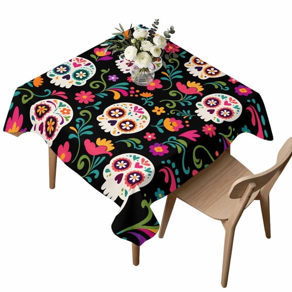 Square Tablecloth, Mexican Skull Flower Leaves Waterproof Table Cloth 54x54 in Skeleton Floral on Black Washable Spillproof Table Cover for Kitchen Dining Party Decor Outdoor Camping