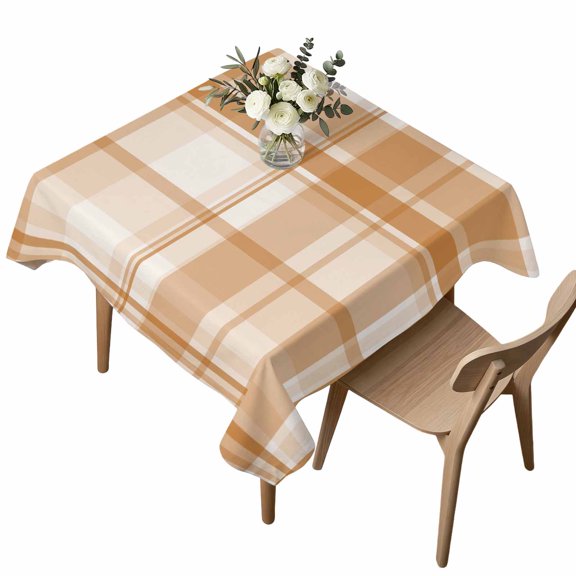 Square Tablecloth, Minimalist Apricot White Plaid Waterproof Table Cloth 54x54 in Neutral Tartan Checkered Washable Spillproof Table Cover for Kitchen Dining Party Decor Outdoor Camping