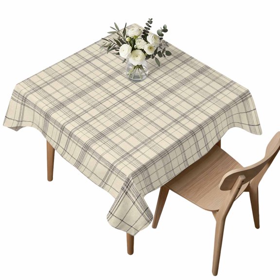 Square Tablecloth, Minimalist Farm Lattice Grid Waterproof Table Cloth 60x60 in Modern Gray Stripe on Beige Washable Spillproof Table Cover for Kitchen Dining Party Decor Outdoor Camping
