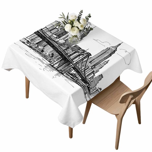 Square Tablecloth, Modern Bridge Building Sketch Waterproof Table Cloth 54x54 in Monochrome Architecture Art Washable Spillproof Table Cover for Kitchen Dining Party Decor Outdoor Camping
