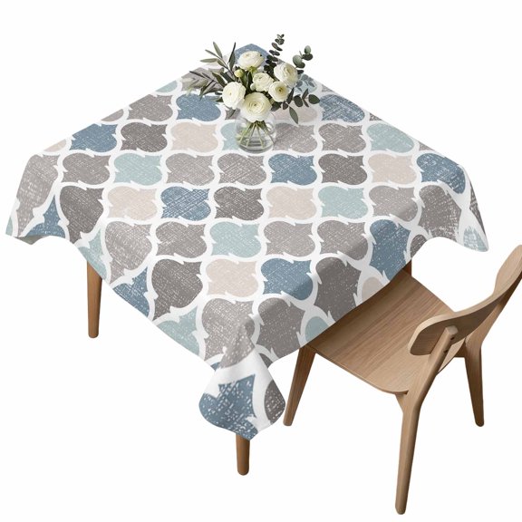 Square Tablecloth, Moroccan Lattice Texture Waterproof Table Cloth 60x60 in Blue Grey Retro Geometric Art Washable Spillproof Table Cover for Kitchen Dining Party Decor Outdoor Camping