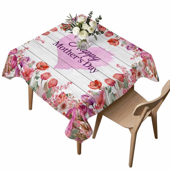 Square Tablecloth, Mother's Day Colorful Flower Waterproof Table Cloth 60x60 in Blossom Floral Wood Board Washable Spillproof Table Cover for Kitchen Dining Party Decor Outdoor Camping