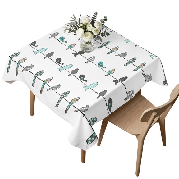 Square Tablecloth, Natural Flower Polka Dot Grid Birds Waterproof Table Cloth 60x60 in Cartoon Birdie on Lines Washable Spillproof Table Cover for Kitchen Dining Party Decor Outdoor Camping