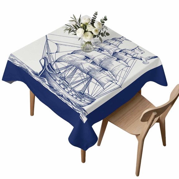 Square Tablecloth, Nautical Blue Sailing Seagull on Retro Waterproof Table Cloth 60x60 in Ocean Adventure Washable Spillproof Table Cover for Kitchen Dining Party Decor Outdoor Camping