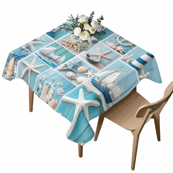 Square Tablecloth, Nautical Lighthouse Rudder Starfish Waterproof Table Cloth 54x54 in Marine Life Shell Blue Wood Washable Spillproof Table Cover for Kitchen Dining Party Decor Outdoor Camping