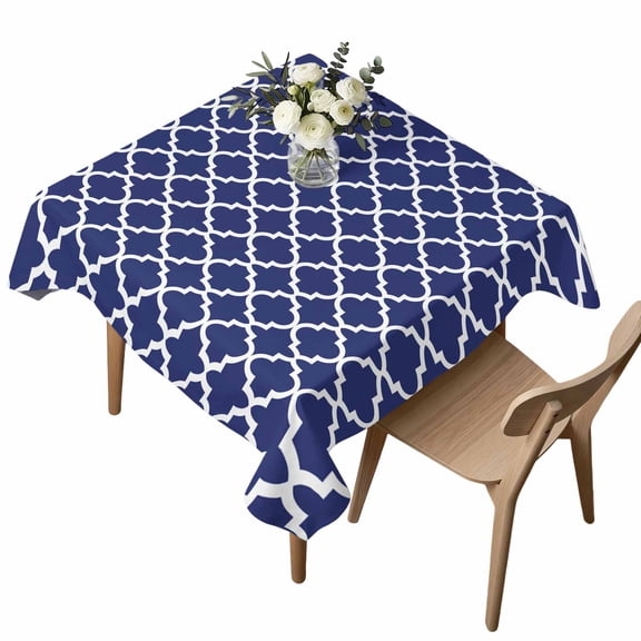 Square Tablecloth, Navy Blue Moroccan Plaid Waterproof Table Cloth 60x60 in White Line Buffalo Lattice Washable Spillproof Table Cover for Kitchen Dining Party Decor Outdoor Camping