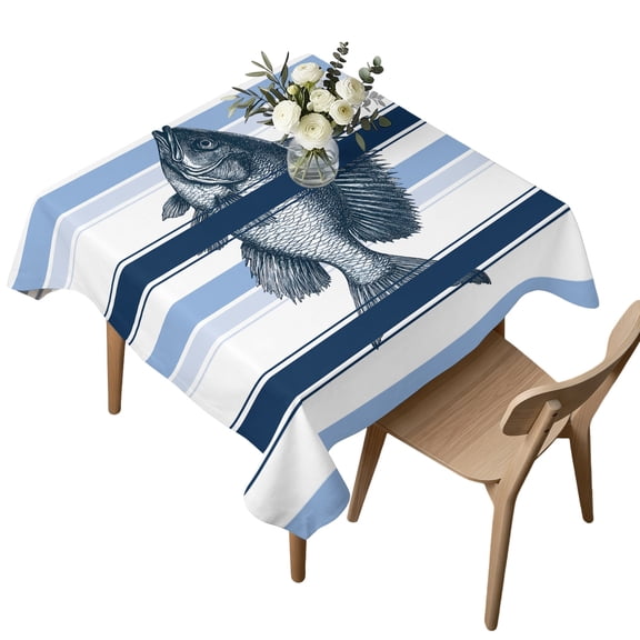 Square Tablecloth, Ocean Fish Blue Stripe Waterproof Table Cloth 54x54 in Watercolor Marine Life Line Theme Washable Spillproof Table Cover for Kitchen Dining Party Decor Outdoor Camping