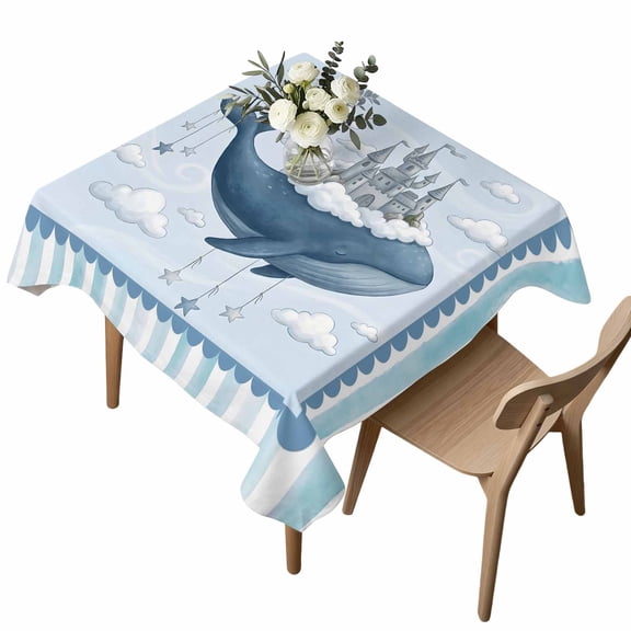 Square Tablecloth, Ocean Whale Castle Cloud Sky Waterproof Table Cloth 54x54 in Blue Theme Stripe Washable Spillproof Table Cover for Kitchen Dining Party Decor Outdoor Camping